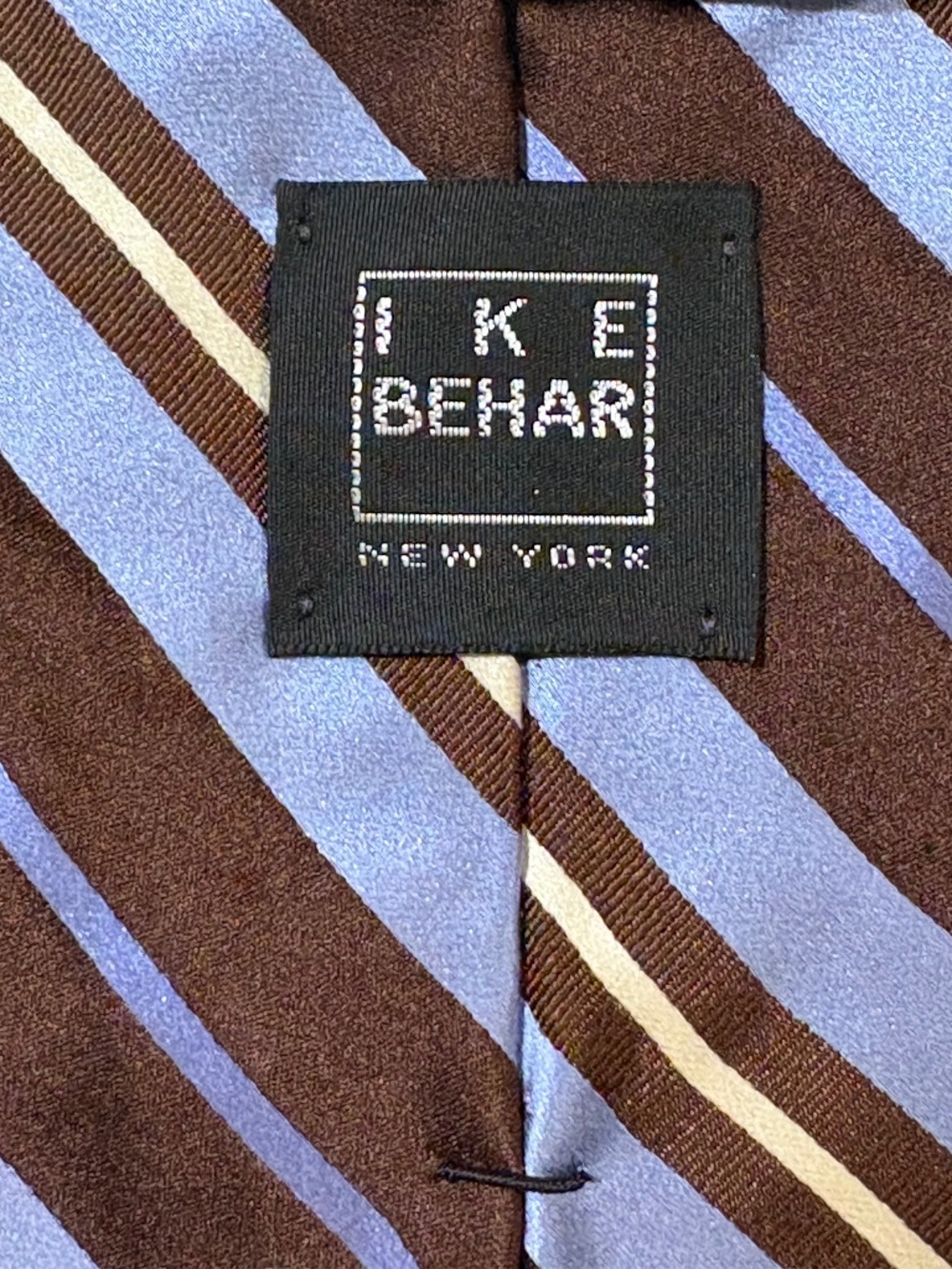Ike Behar New York 100% Silk Striped Necktie Brown Light Blue White